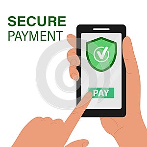The design concept of secure payment. A hand holds a mobile phone with a secure payment button.
